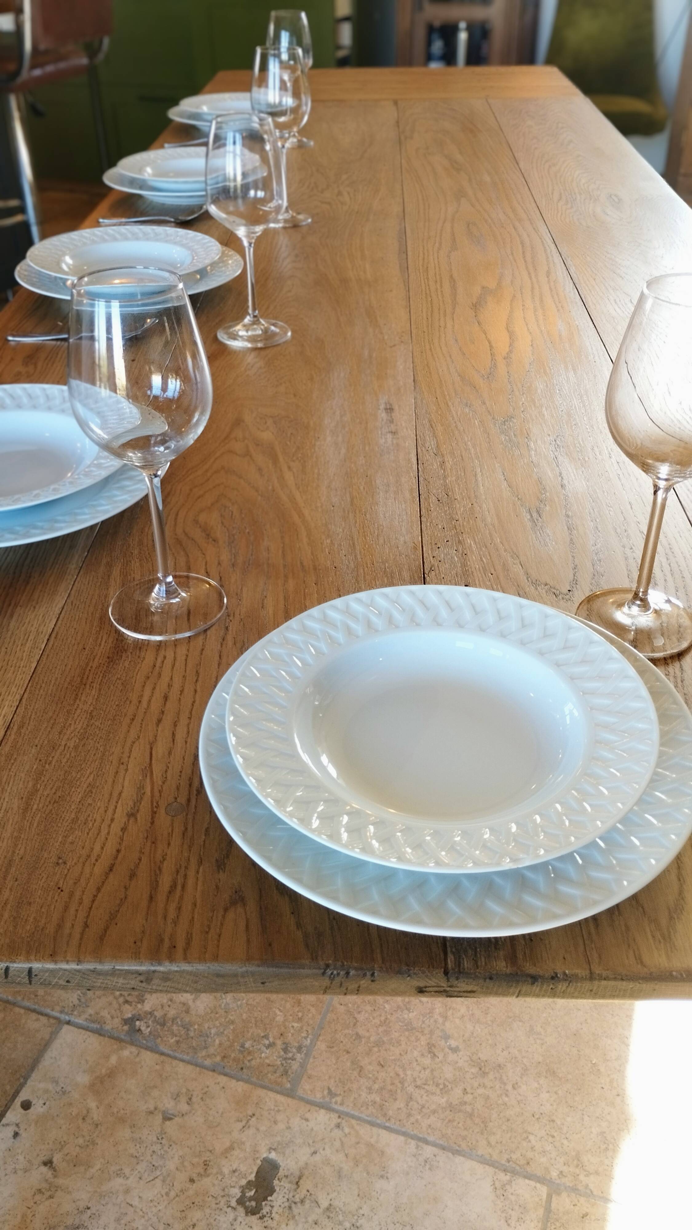 Solid oak farmhouse table with central drawer and extension