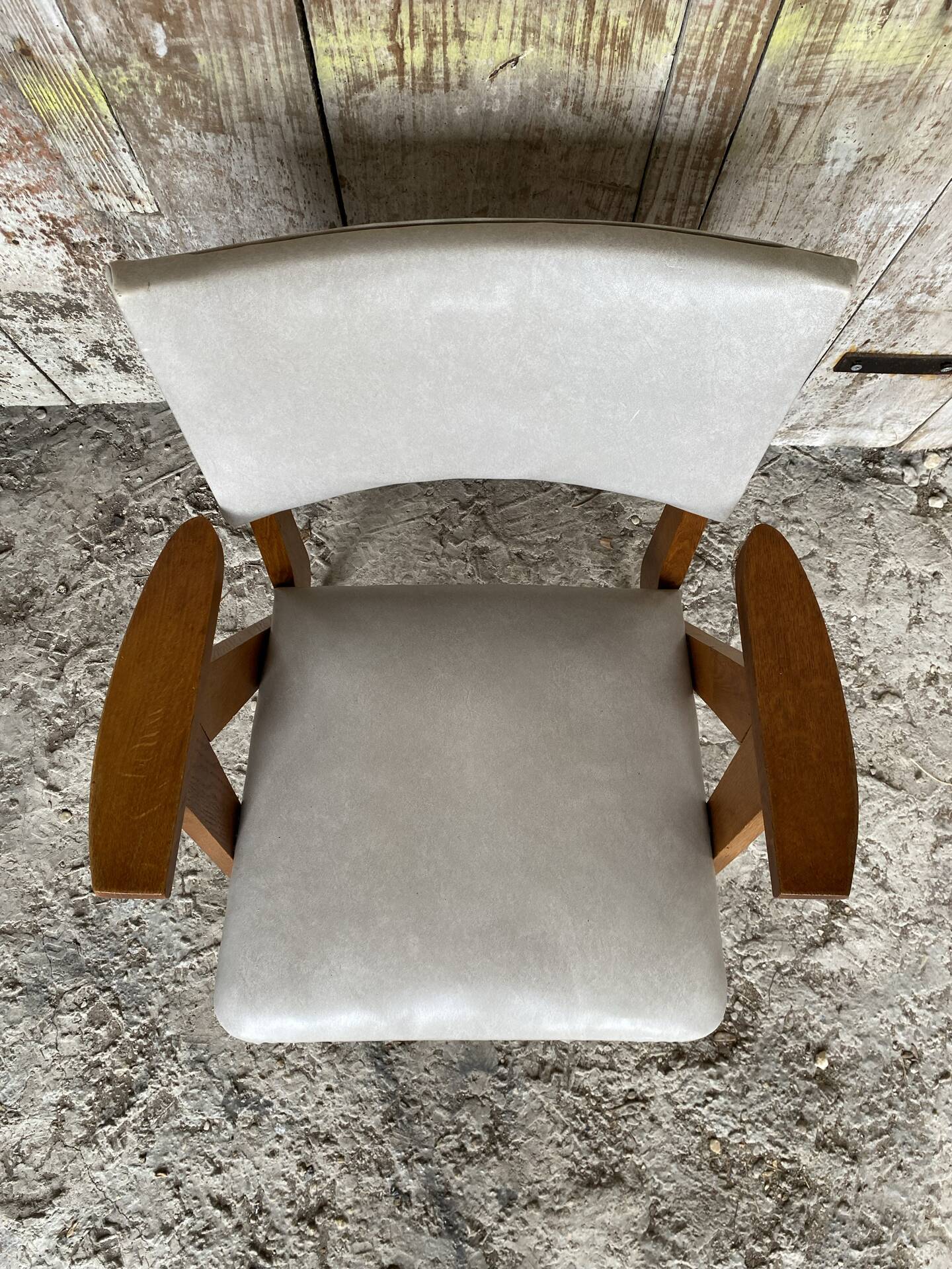 Vintage 1960s Scandinavian Bridge Armchair Wood + Grey Faux Leather