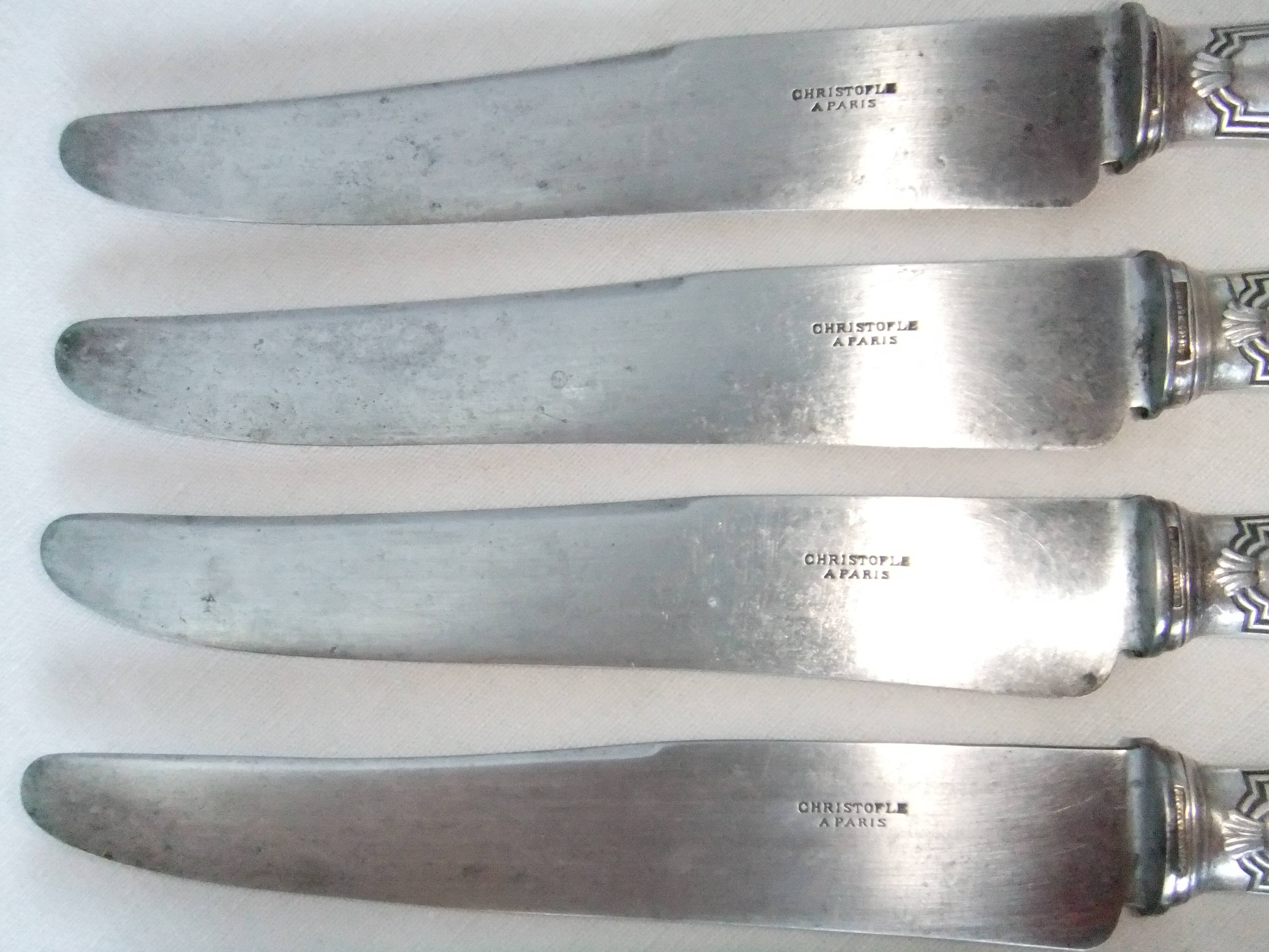 12 Christofle table knives Louis XVI bow ribbon Silver metal punch balance steel blade