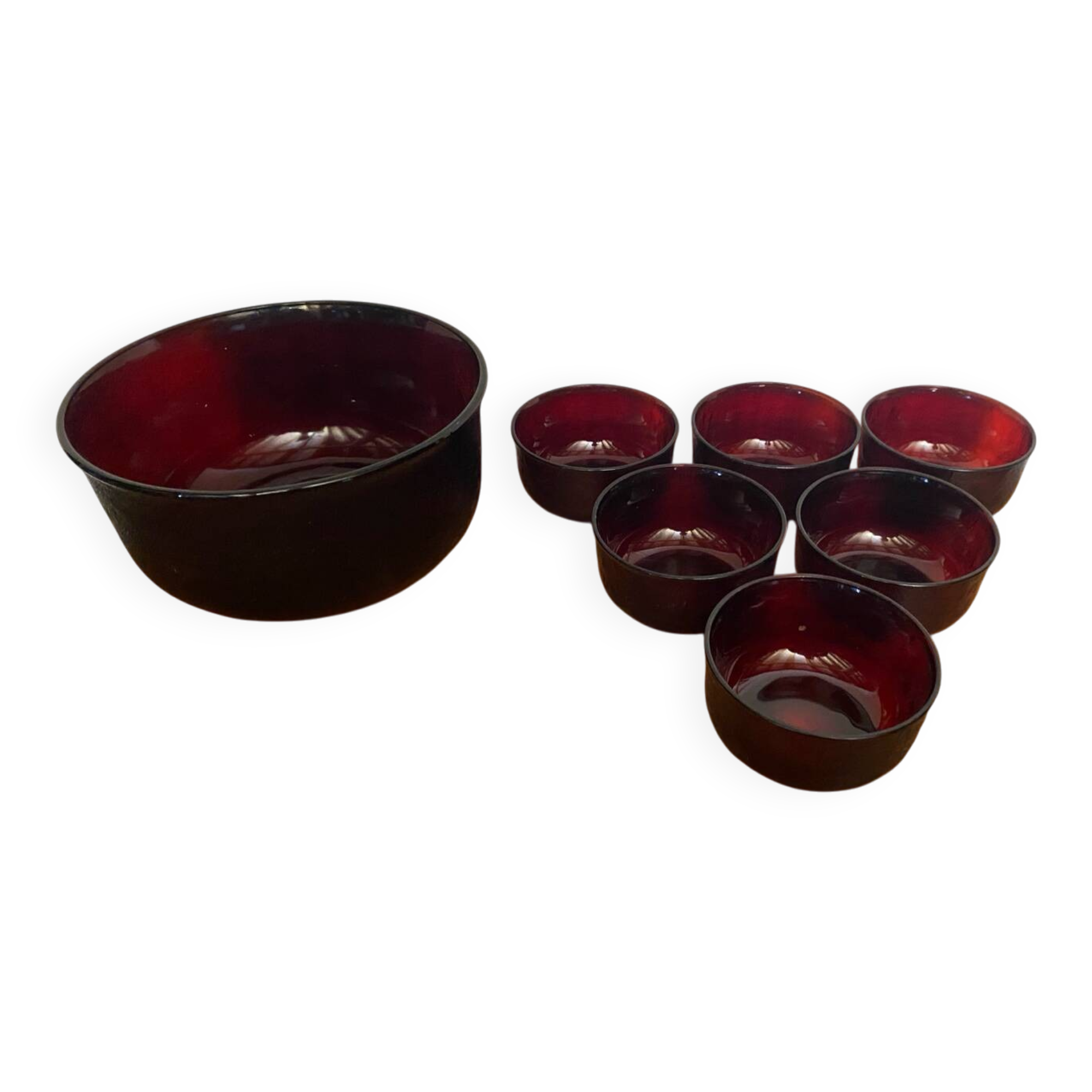 Salad bowl + 6 vintage ARCOROC Sierra molded glass bowls, ruby red, Vinta