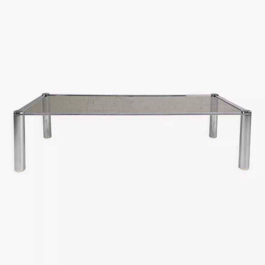 Rectangular coffee table from the 70s in chrome steel and smoked glass top