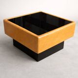 Vintage coffee table in leather and black glass – 1970s