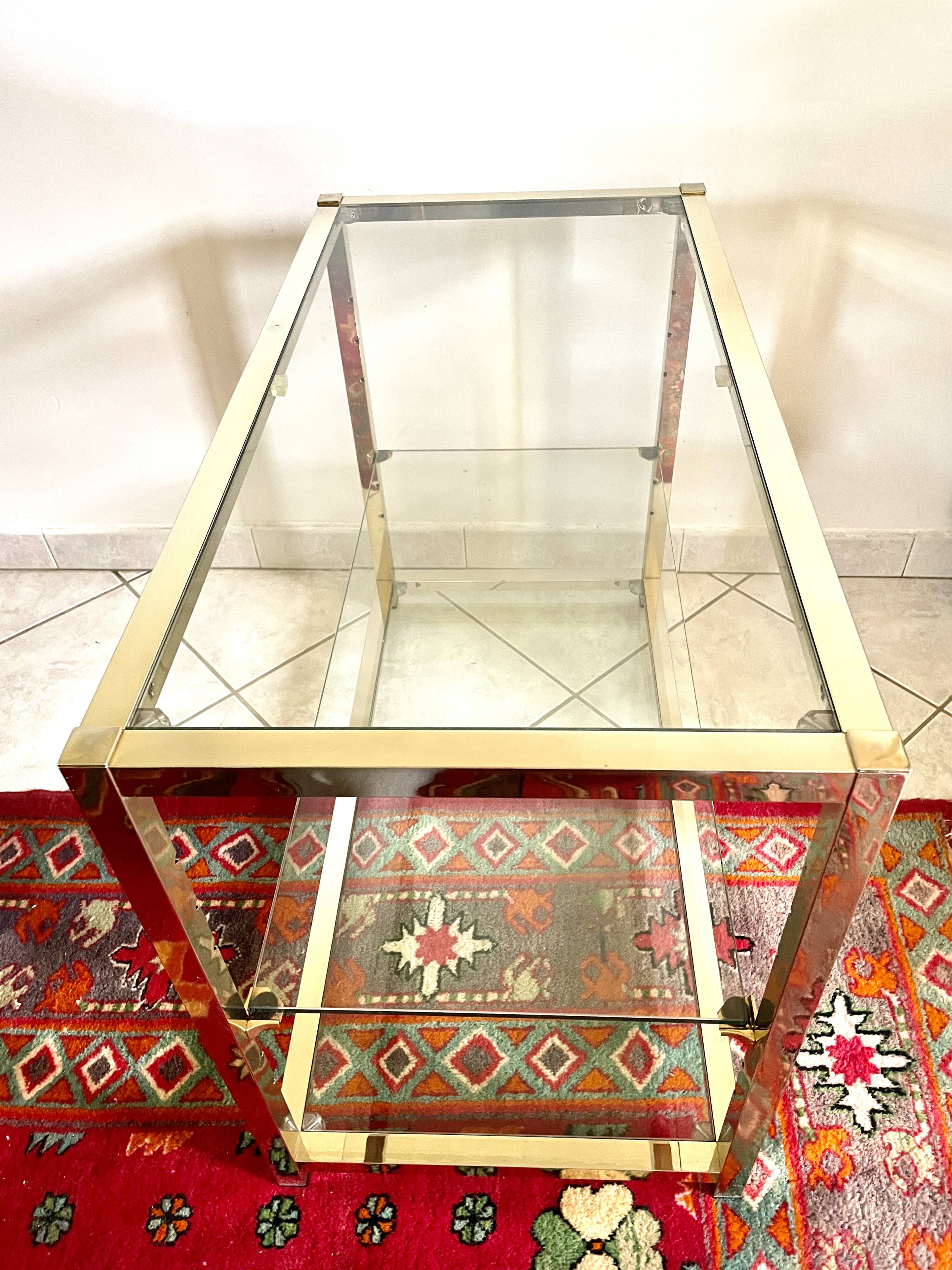 Coffee table with glass and gilded brass shelf France 1970