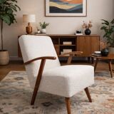 Vintage armchair in pearl white bouclé with walnut wood, 1960.