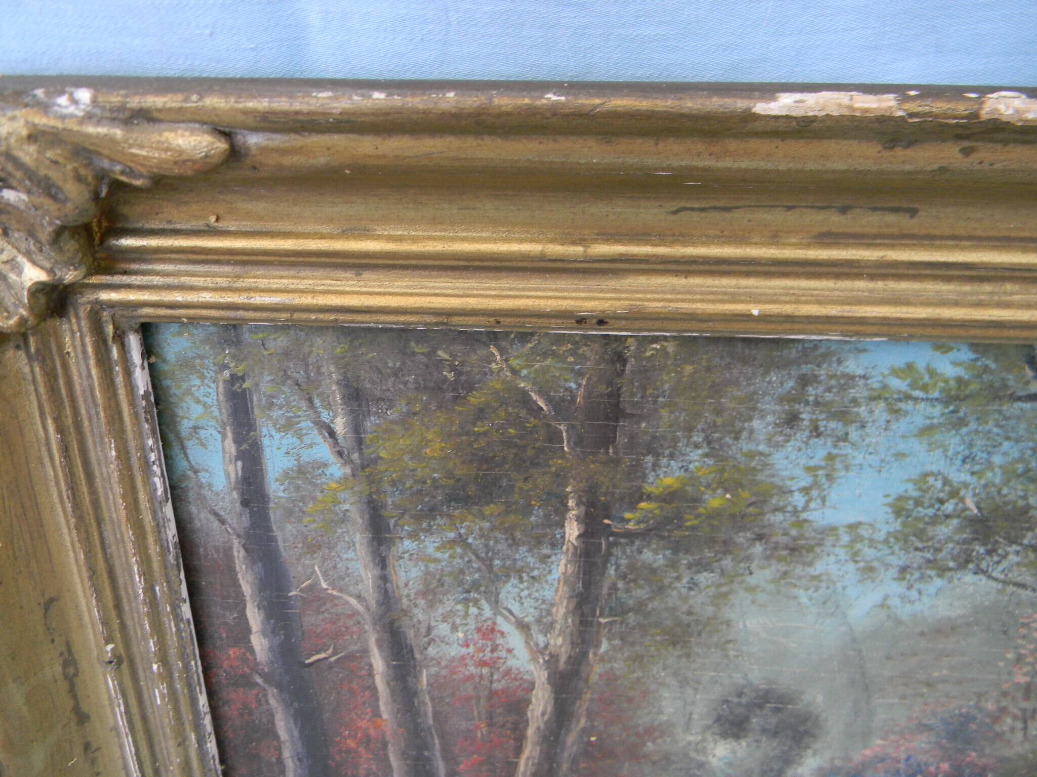 Old signed landscape painting under wood.