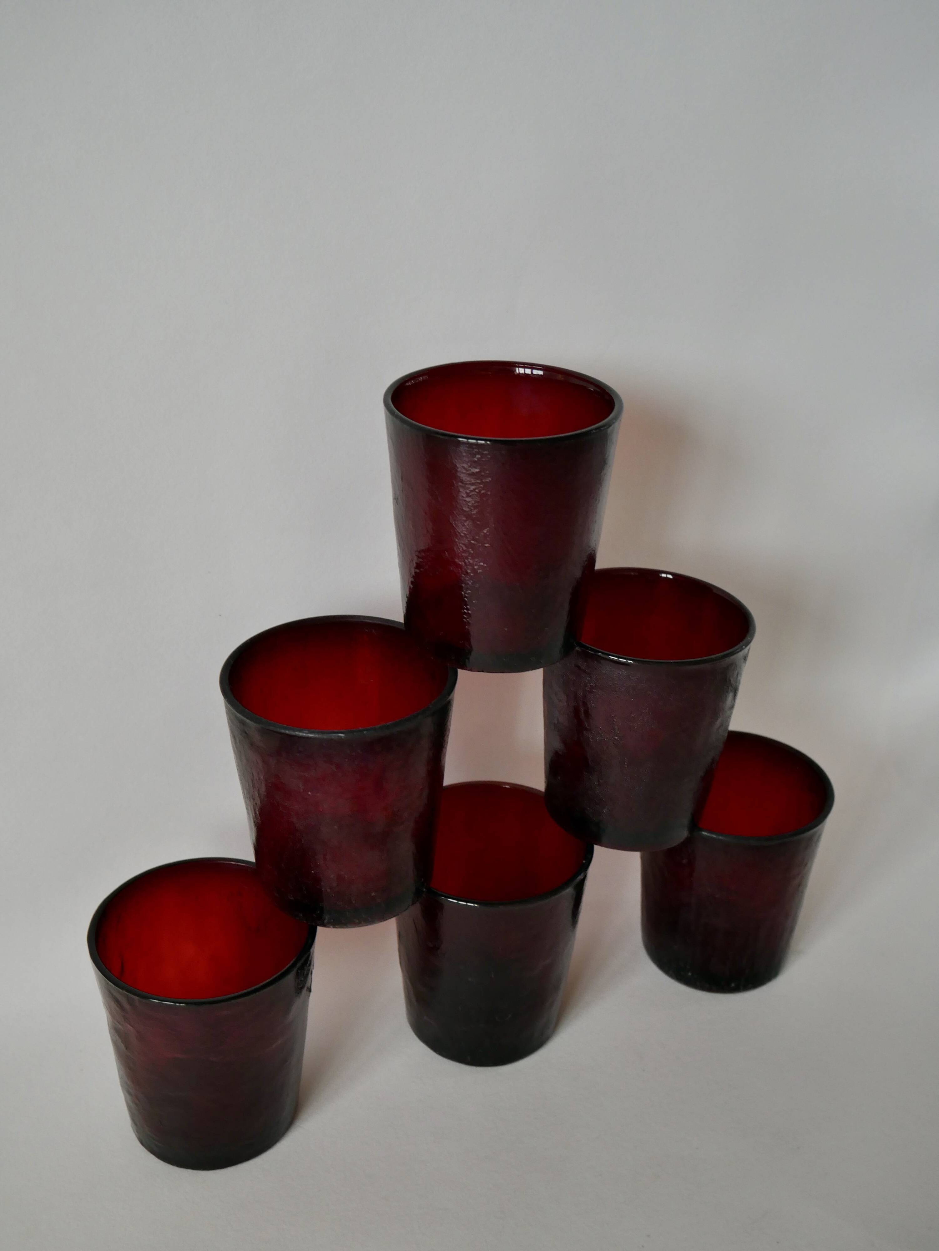 Set of 6 70s burgundy colored glass glasses