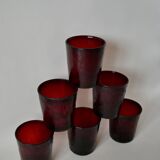Set of 6 70s burgundy colored glass glasses