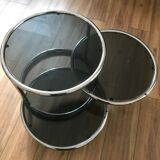 Vintage round coffee table in smoked glass and 3 removable metal trays 1970