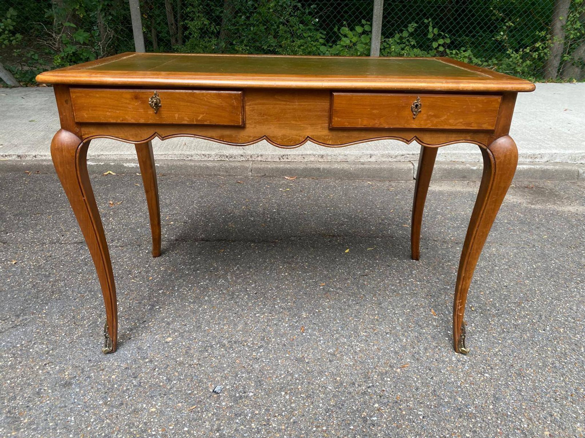 Louis XV style flat desk in solid cherry wood with pull-out extensions and leather top 19