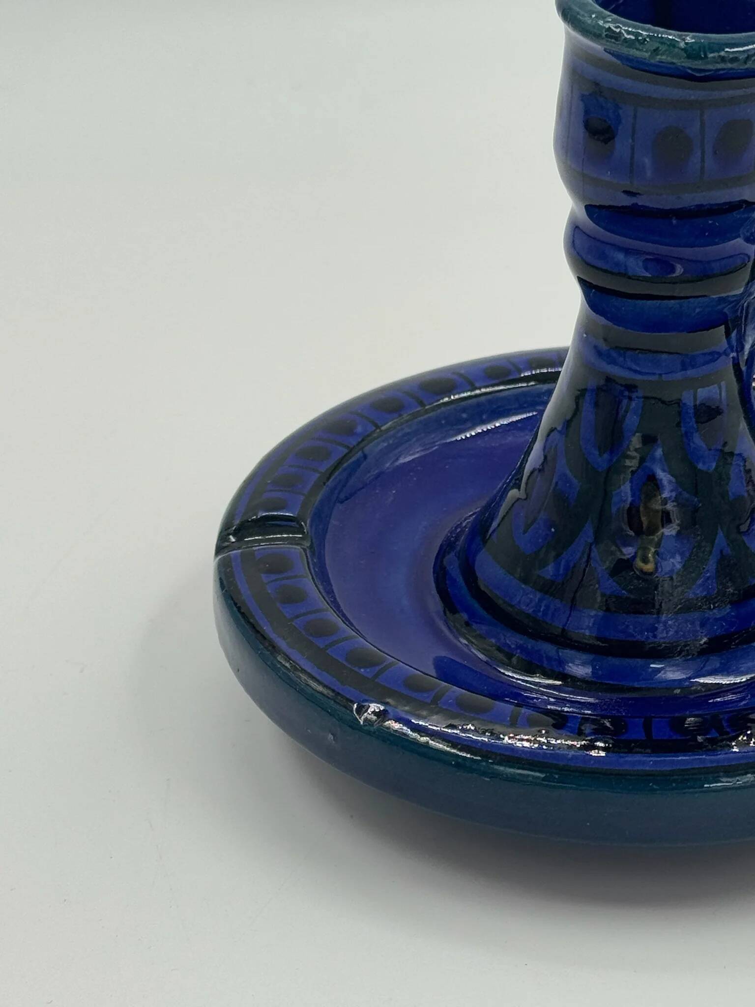 Vintage bedroom candle holder in cobalt blue glazed ceramic