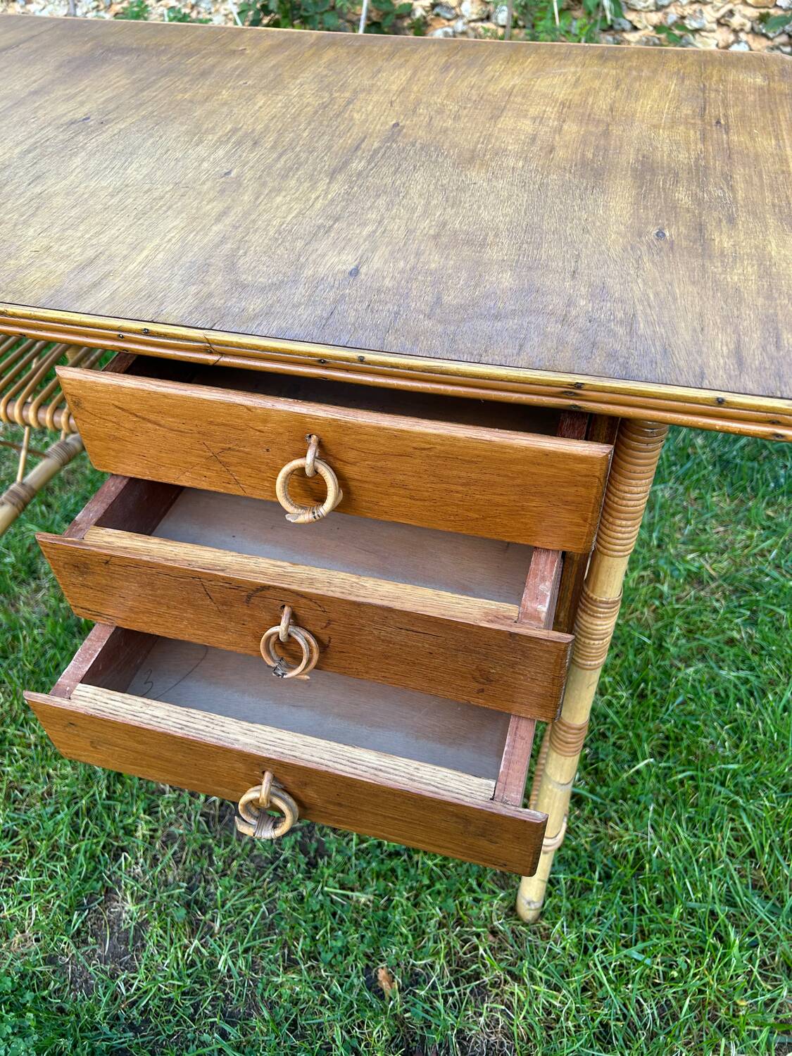 Vintage 1960 rattan desk by Louis Sognot