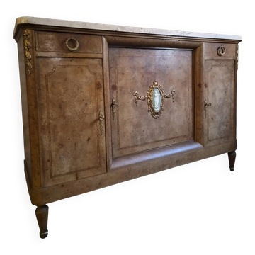 Buffet ancien de style Louis XVI en orme loupe avec plateau en marbre, fin XIXe siècle