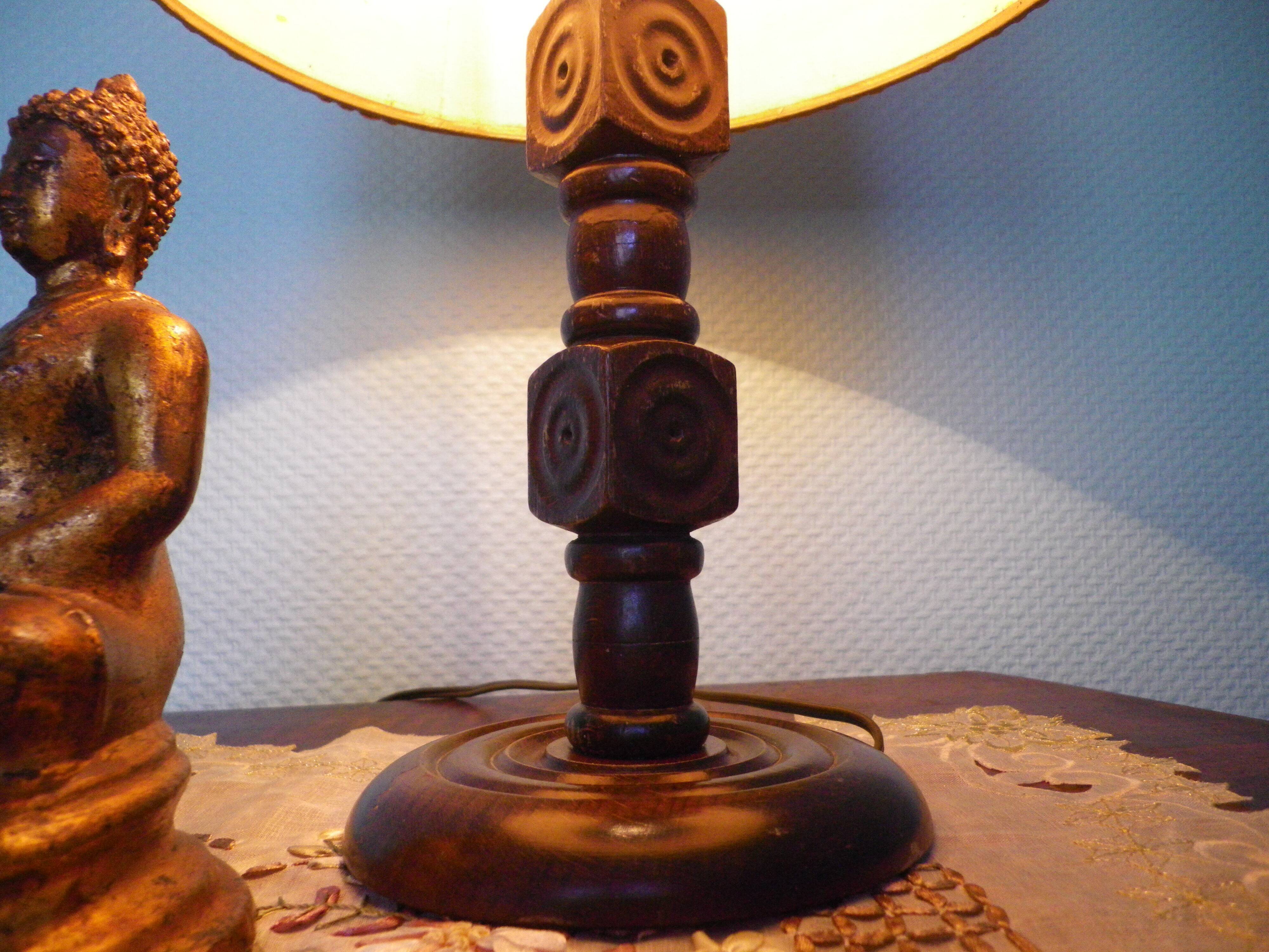 Wooden Desk Lamp with Geometric Design and Fabric Shade, France