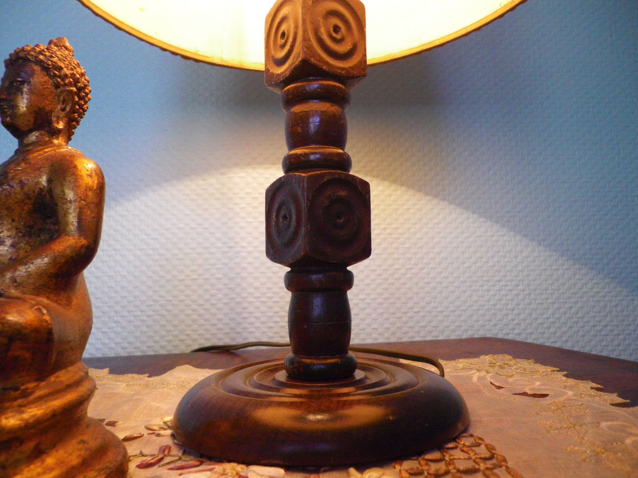 Wooden Desk Lamp with Geometric Design and Fabric Shade, France