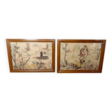 Pair of large embroidered Art Deco tapestries, hunting/myth decor, 1930.
