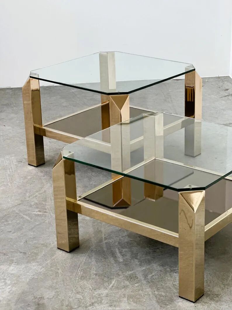 Set of 2 Belgo coffee tables in chrome brass and glass, Belgium, 1970s
