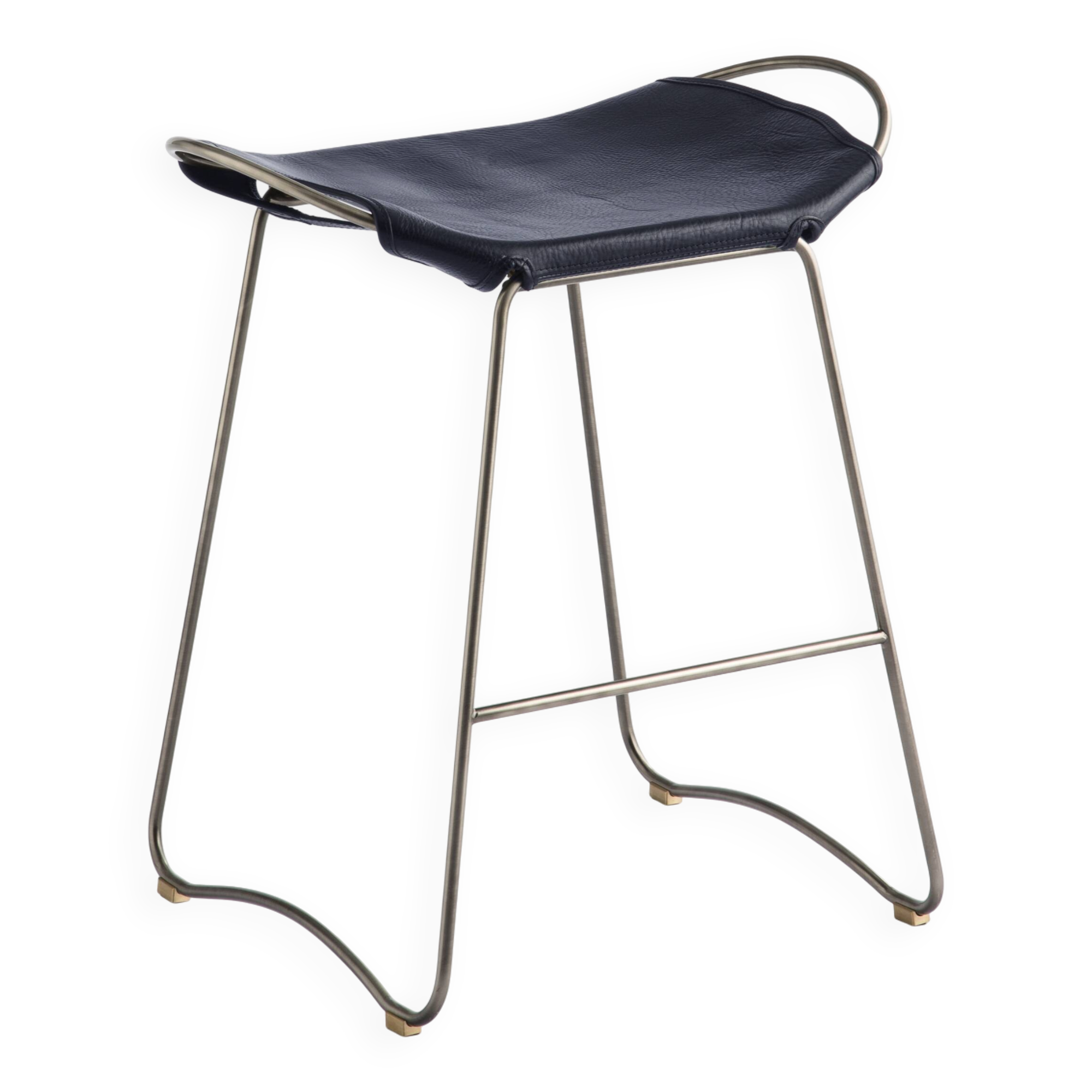 Contemporary Kitchen Counter Barstool Old Silver Steel & Navy Blue Leather