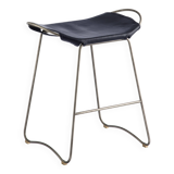 Contemporary Kitchen Counter Barstool Old Silver Steel & Navy Blue Leather