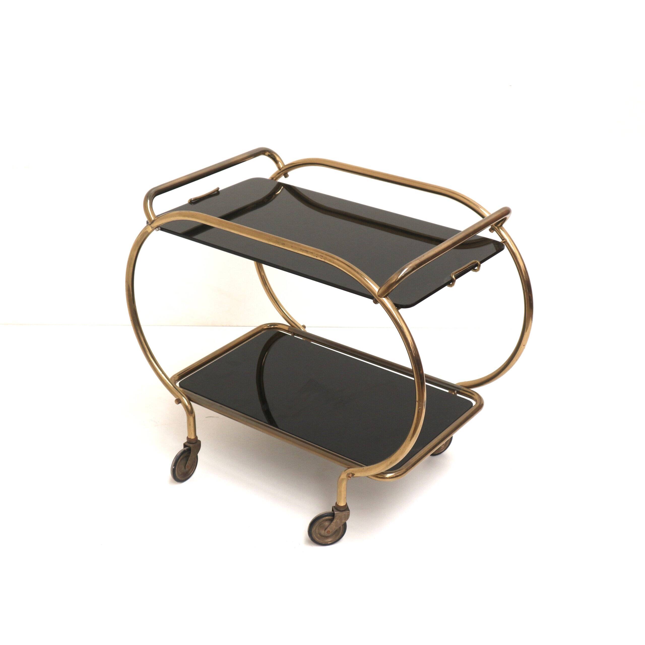 Brass and black glass bar cart / serving cart / side table by Grünstadt