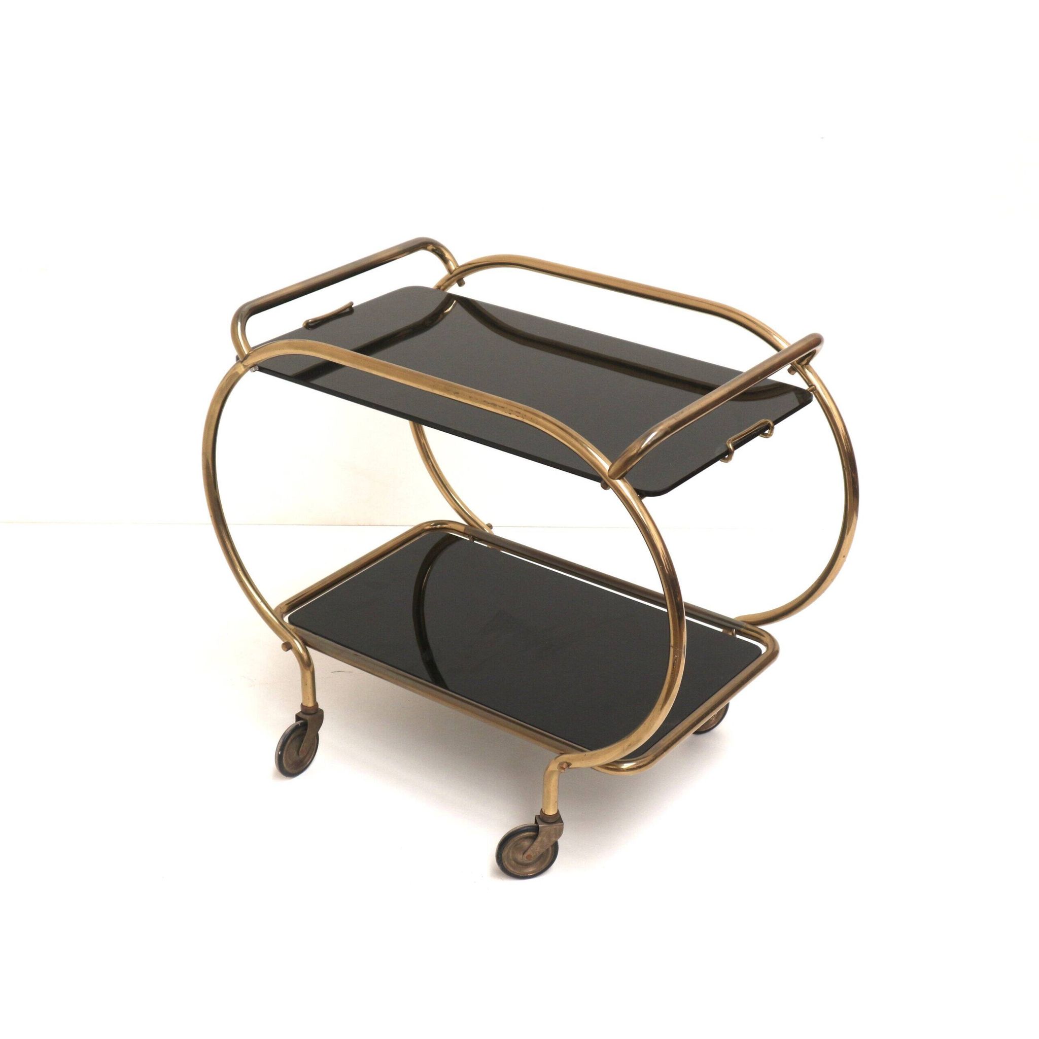 Brass and black glass bar cart / serving cart / side table by Grünstadt