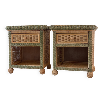 Set of 2 vintage woven rattan bedside tables.
