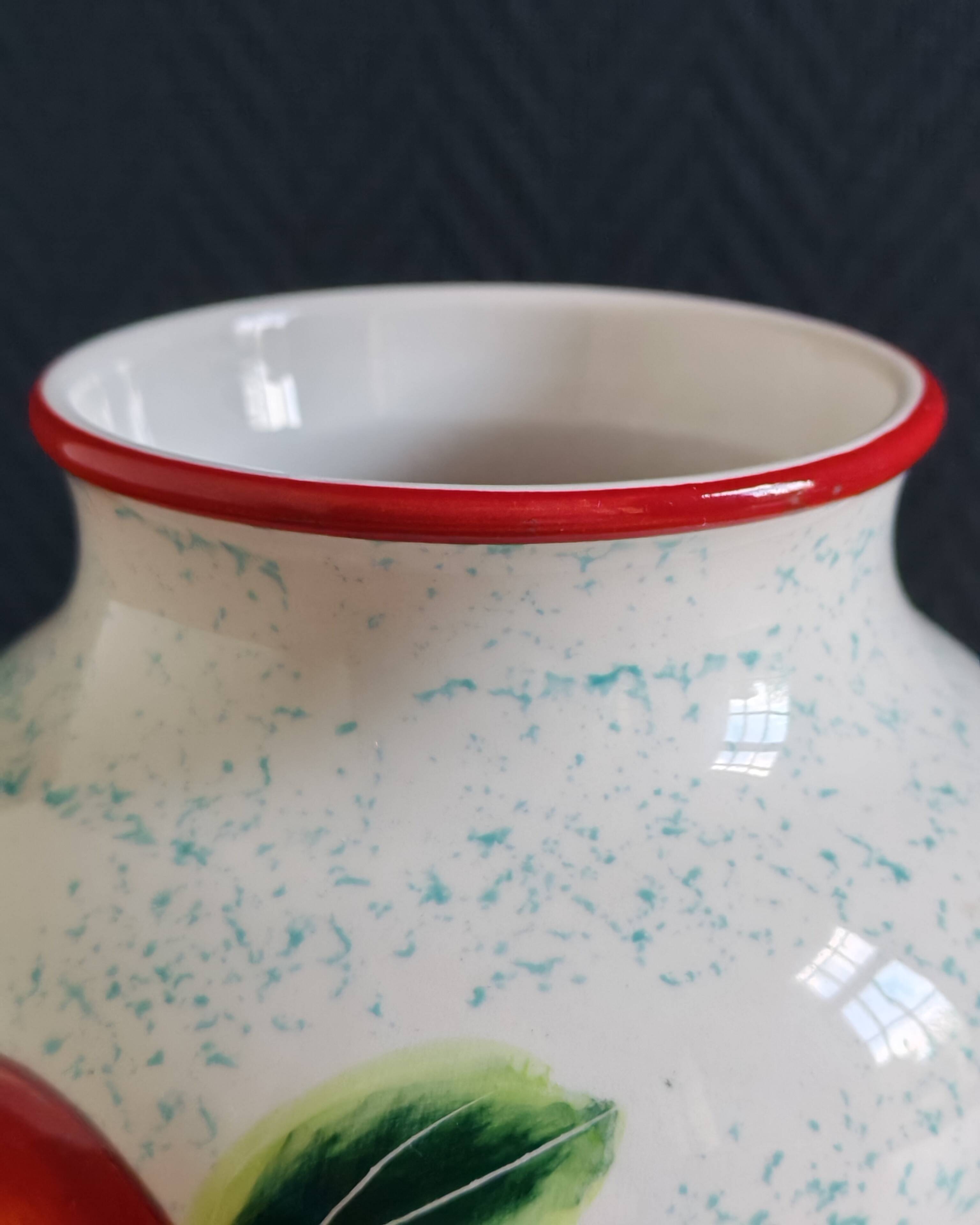 White Ceramic Vase with Peach and Leaf Motifs
