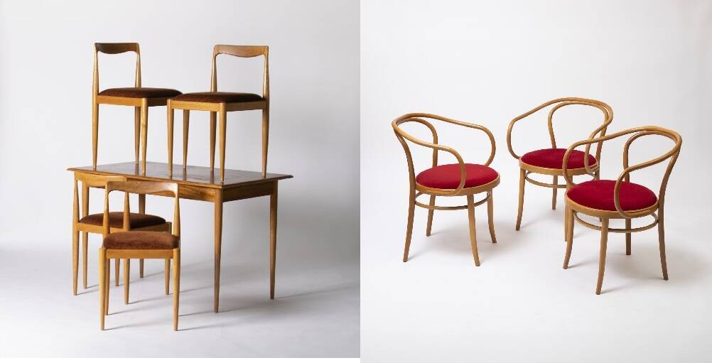 Dining set by Drevotvar and set of 3 chairs by Jasienica, Poland