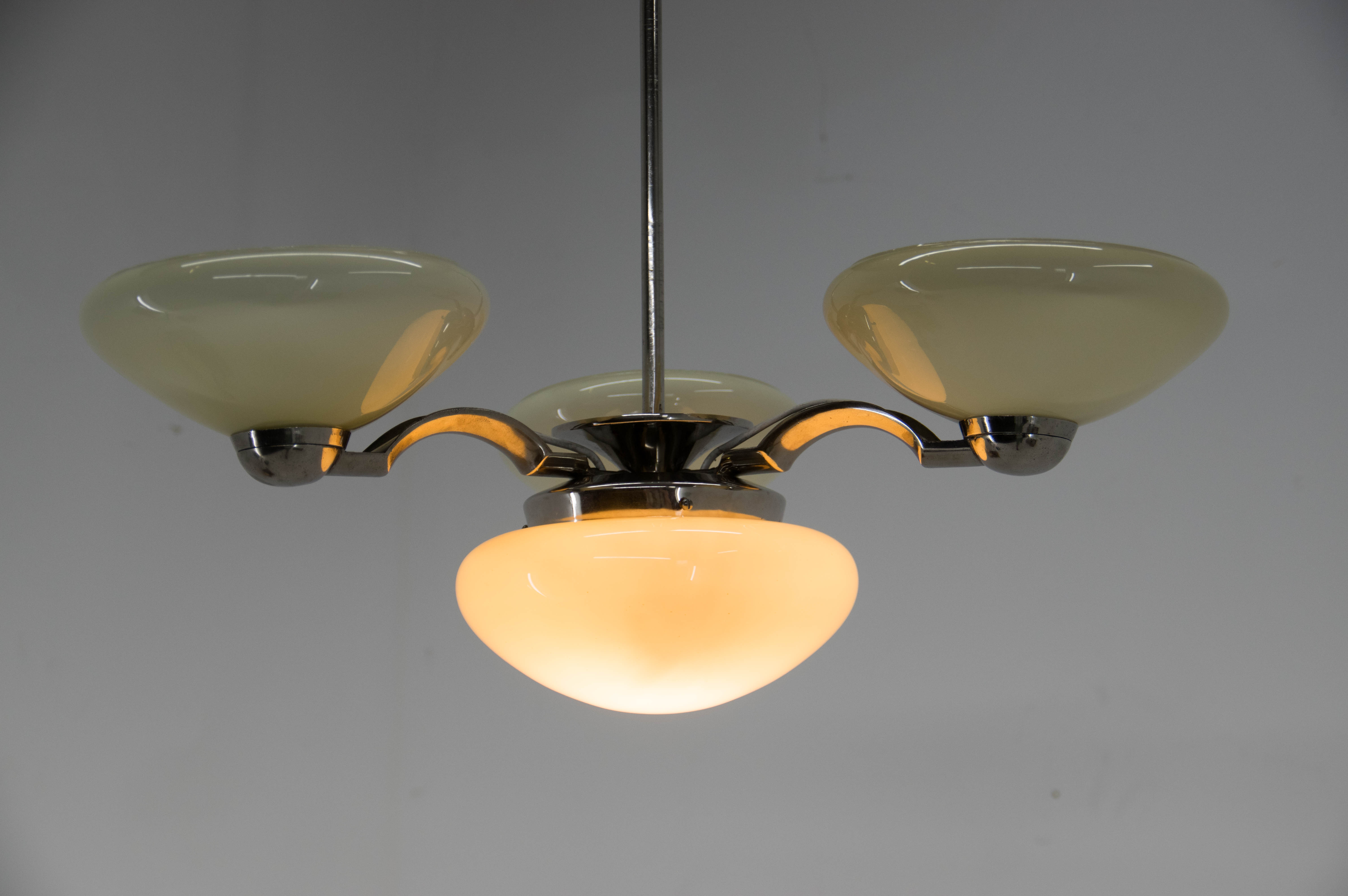 Art deco nickel and glass chandelier, 1930s