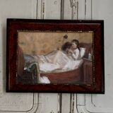 Watercolor on paper of a young girl lying on a bed, late 19th century