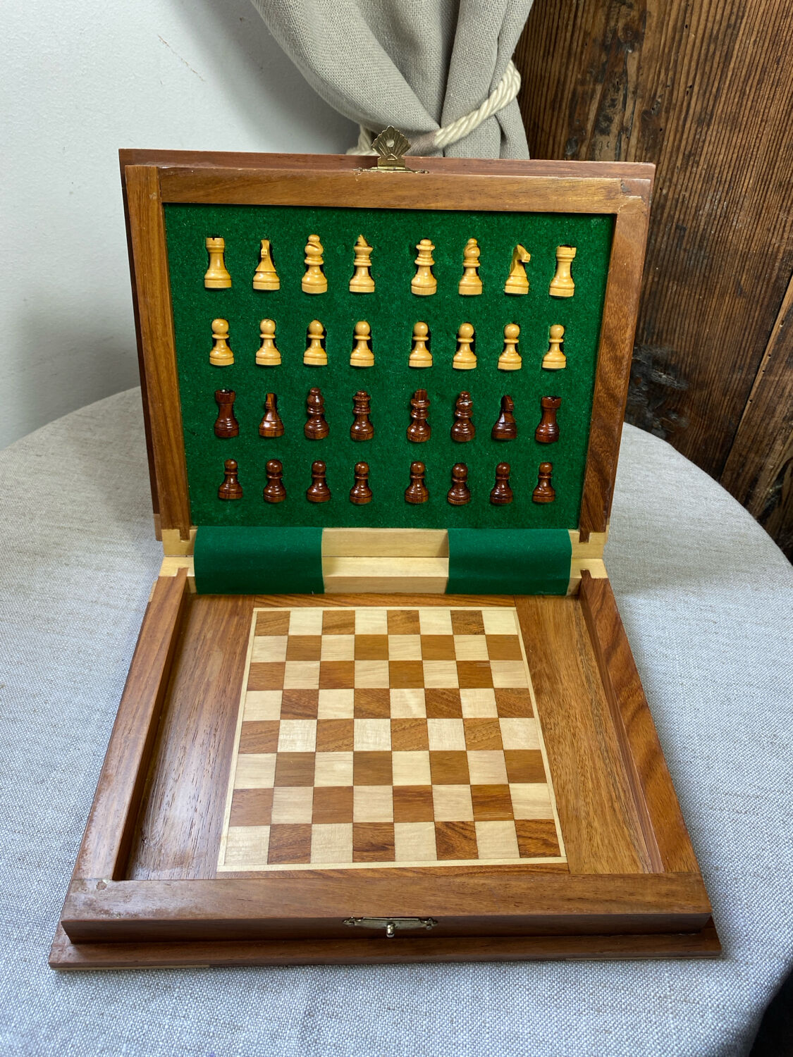 Wooden travel chess set, marquetry board