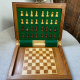 Wooden travel chess set, marquetry board