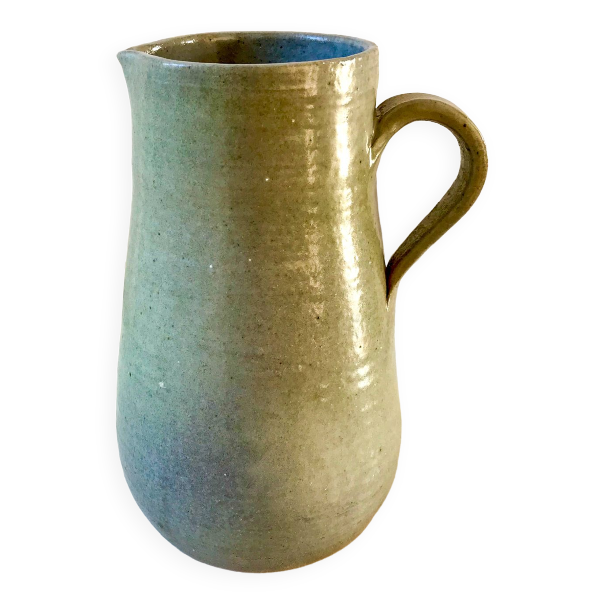 blue stoneware pitcher artisanal pottery 70s