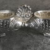 Salt and pepper shaker holder with a pair of fish in metal, Italian design