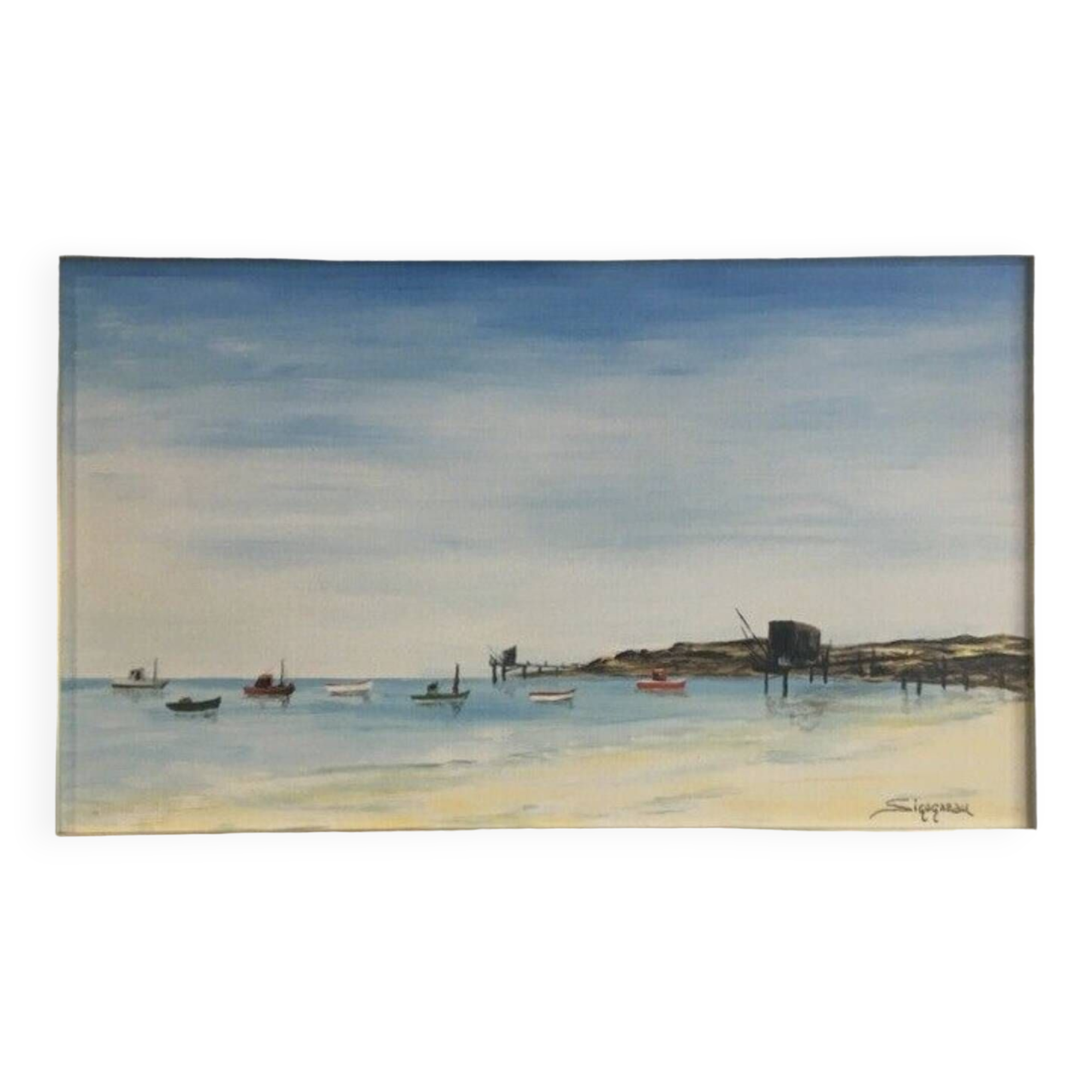 Fishing in the bay of Bourneuf en-Retz, Pornic - painting on canvas signed Sigogneau