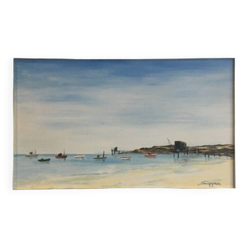 Pêcherie en baie de bourgneuf en-retz, Pornic - peinture sur toile signée Sigogneau