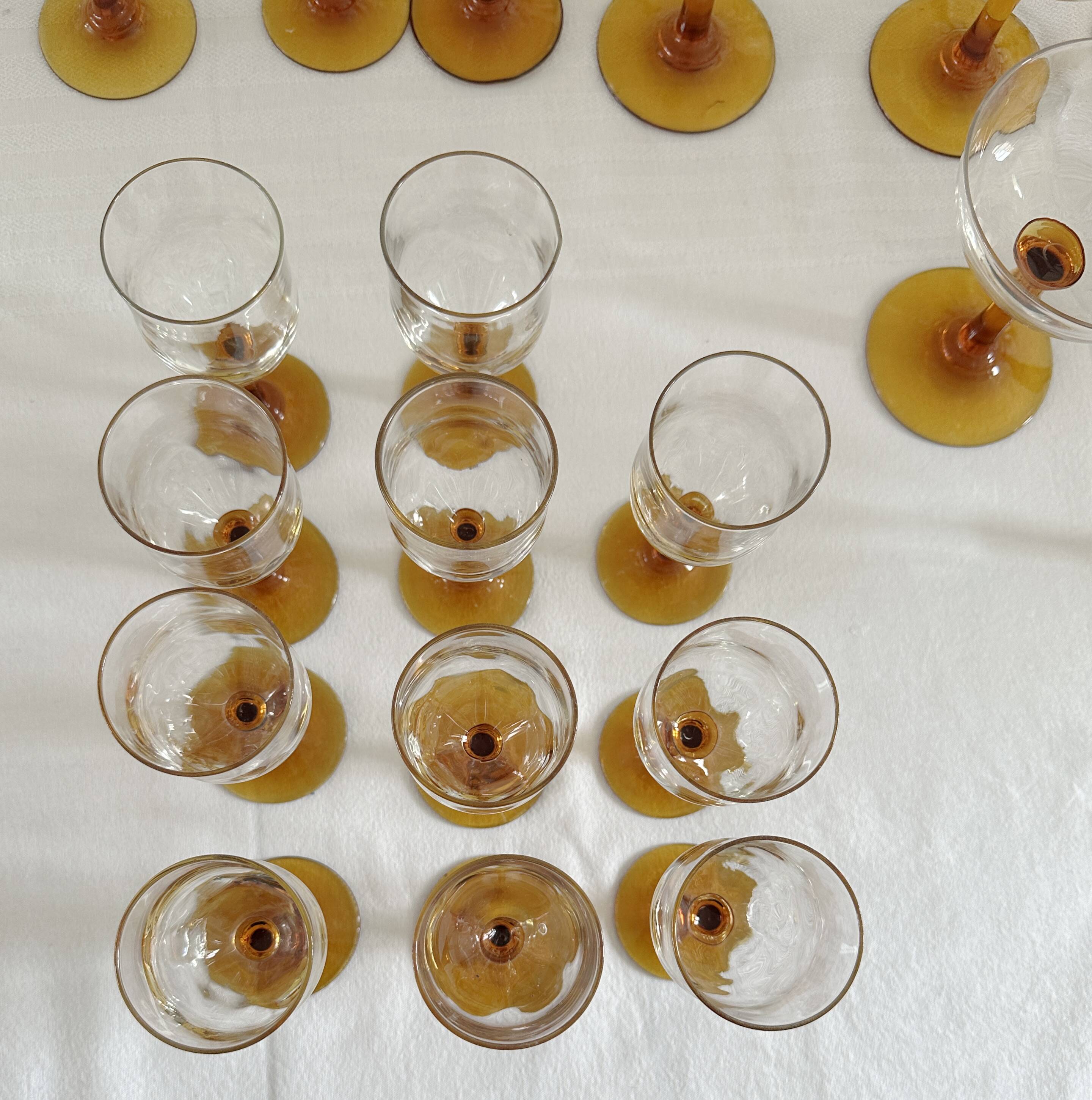 Set of 41 antique glasses with amber stems - water, wine, liqueur, champagne cups.