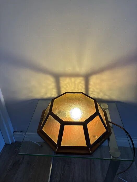 Vintage Octagonal Copper Amber Glass Flush Ceiling Lamp 1960s-70s