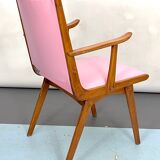 Vintage Italian wood accent chair in pink leatherette. Italy 1950s