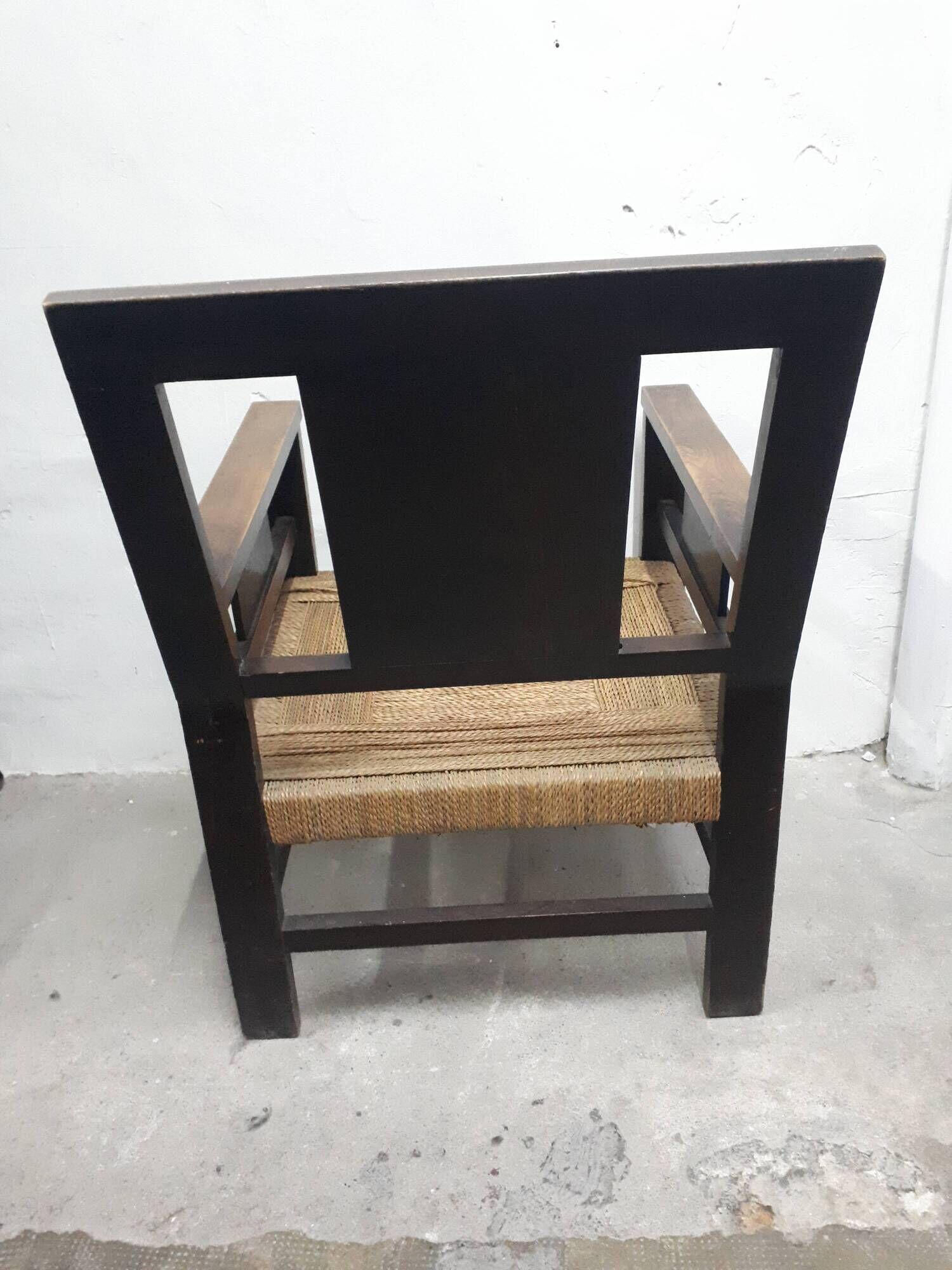 Pair of carved solid wood armchair and vintage rope 1950