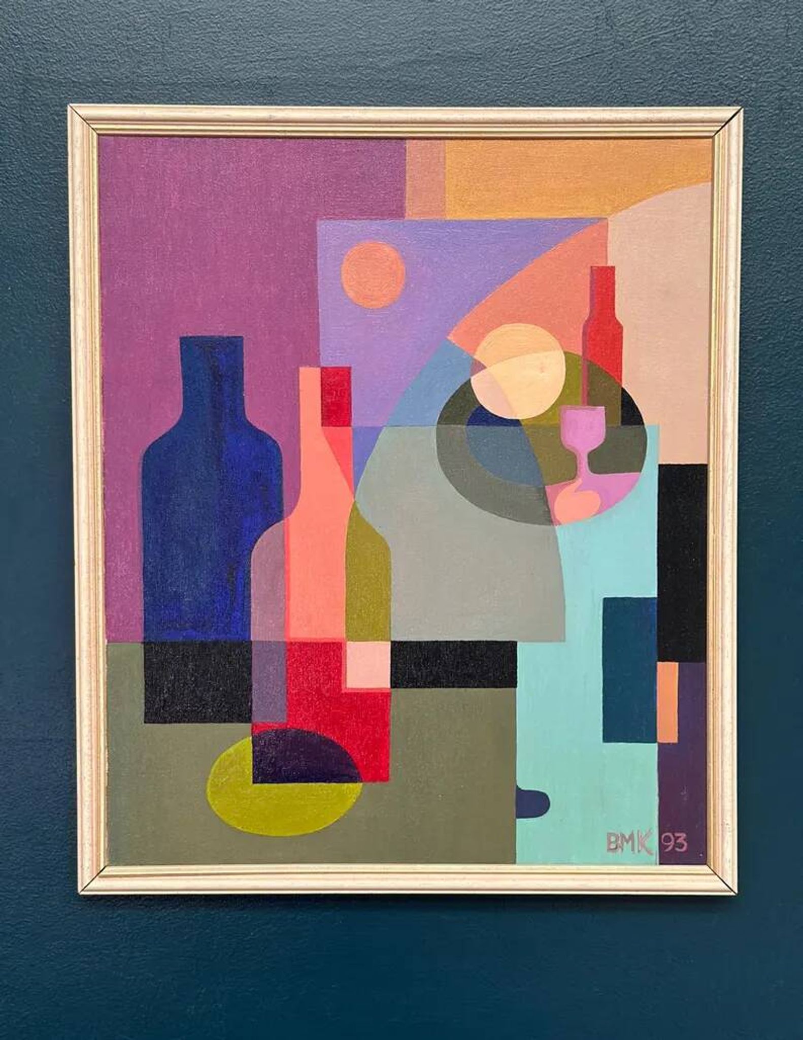 Original Swedish Oil on Canvas – "Abstract Still Life" by BMK (1993) – Signed – Vintage and Framed – 60 × 51 cm
