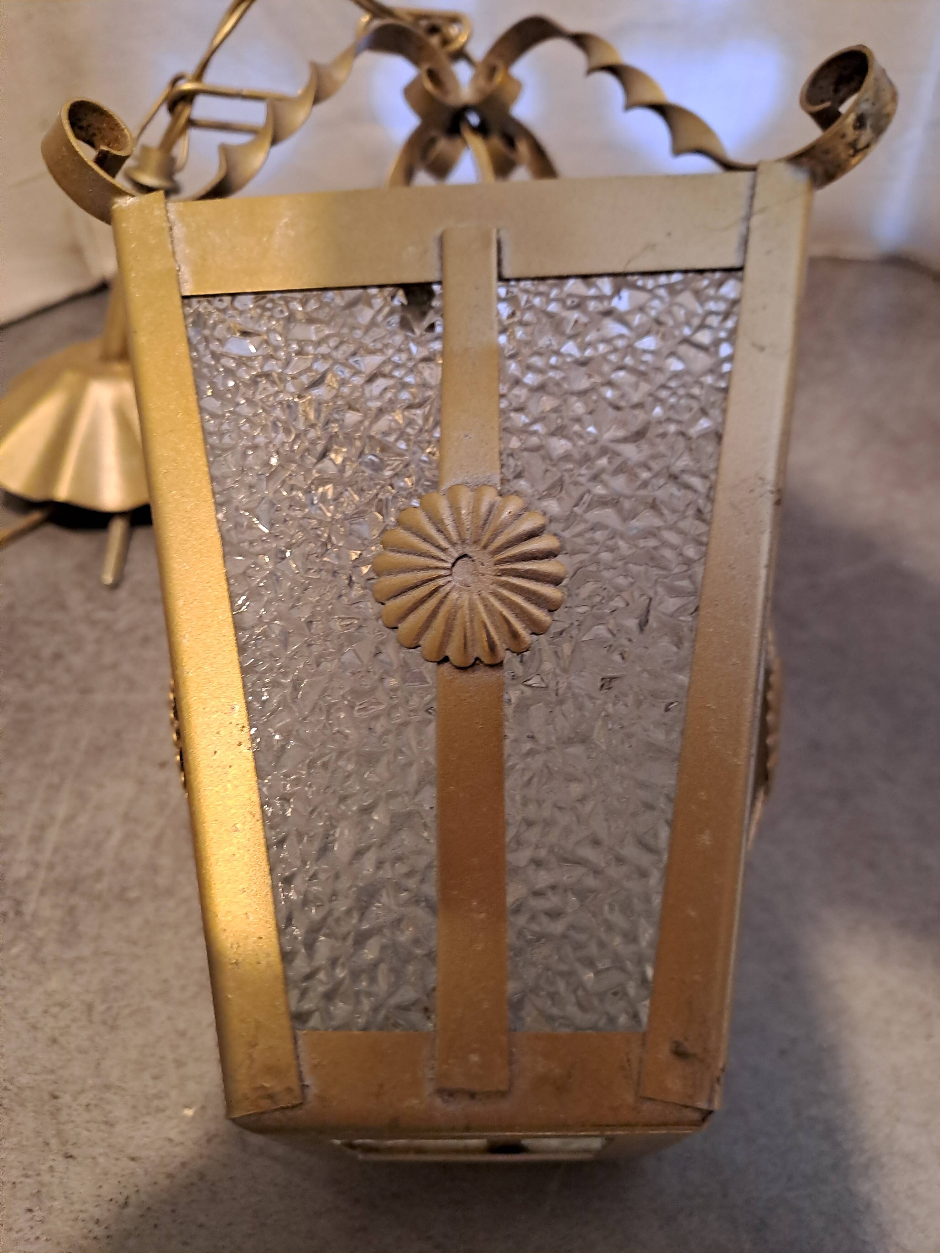 Interior pendant light Lantern ceiling light in gold metal and grained glass 1950 France