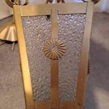 Interior pendant light Lantern ceiling light in gold metal and grained glass 1950 France