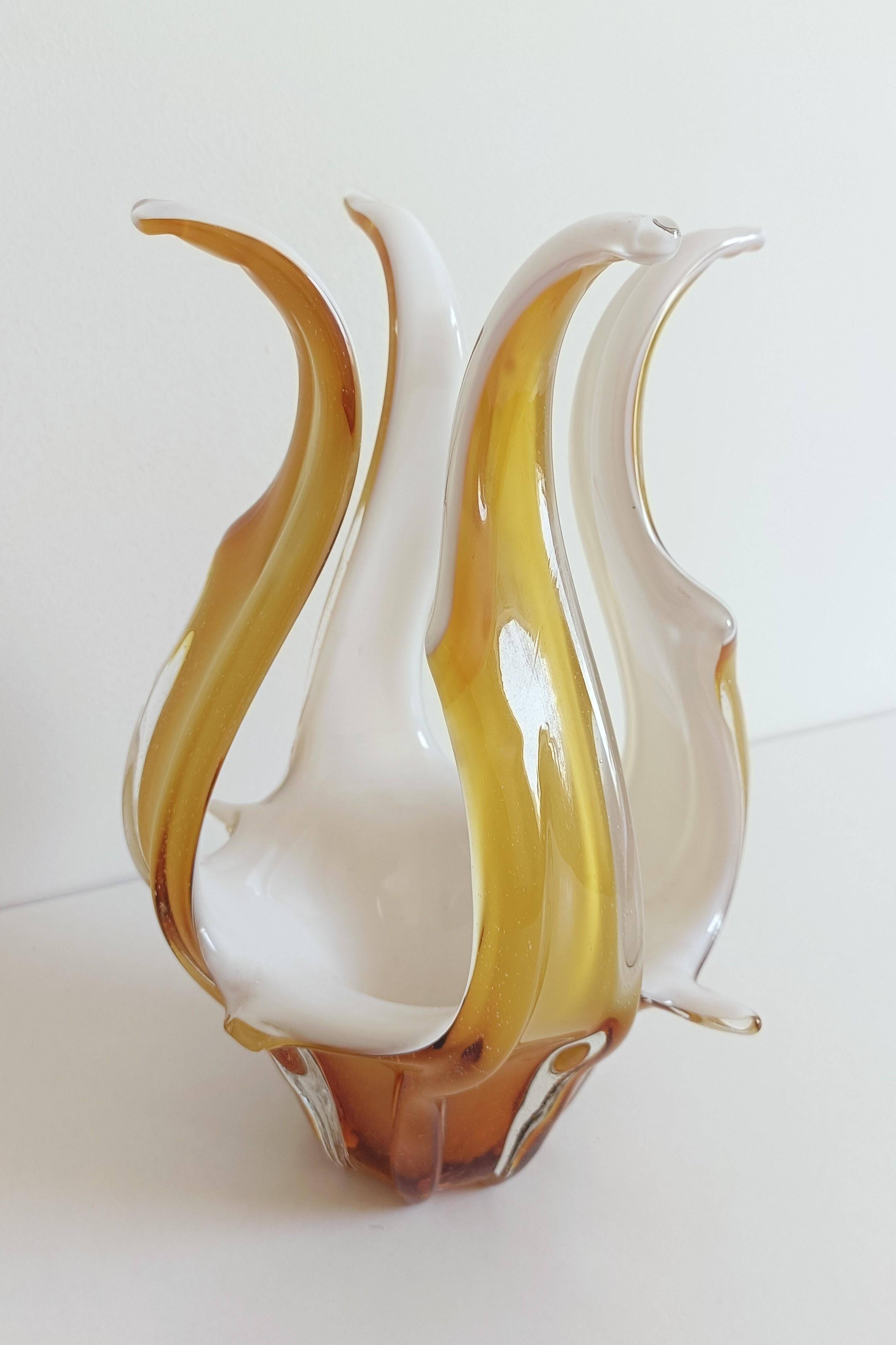 Mid-Century Modern Murano Glass Vase, Amber & Opal, Italy, 1960s