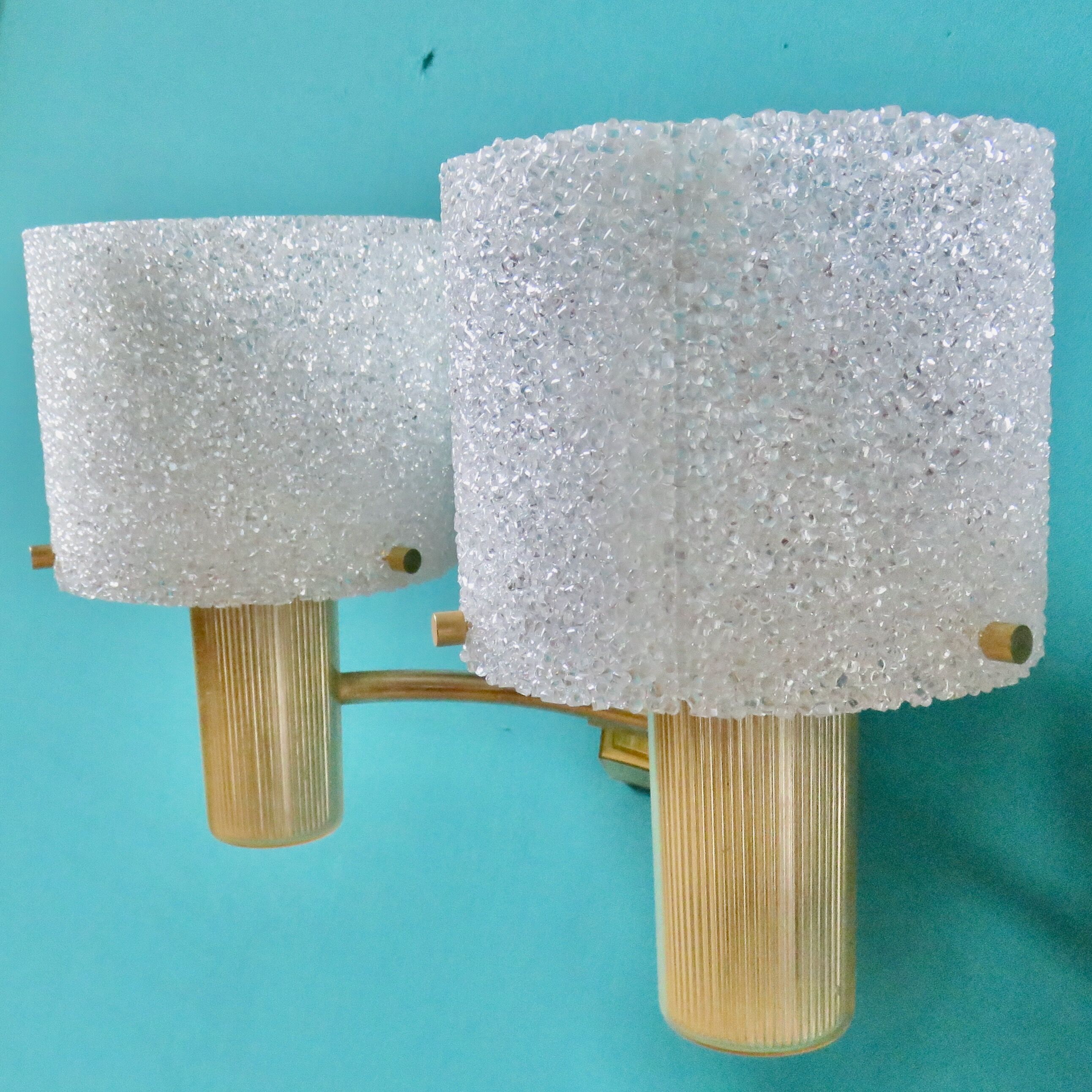 Pair of brass and gold plastic sconces with granite lampshades, France 1950