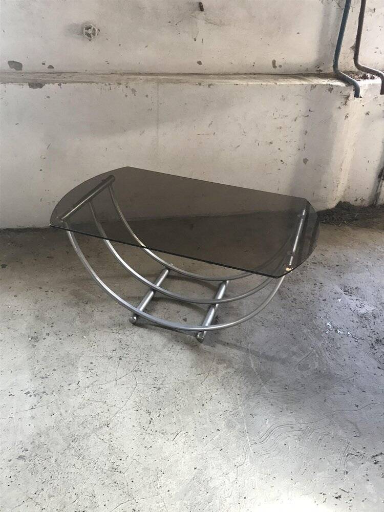 Bauhaus style coffee table in smoked glass and silver metal, Italy 1960s