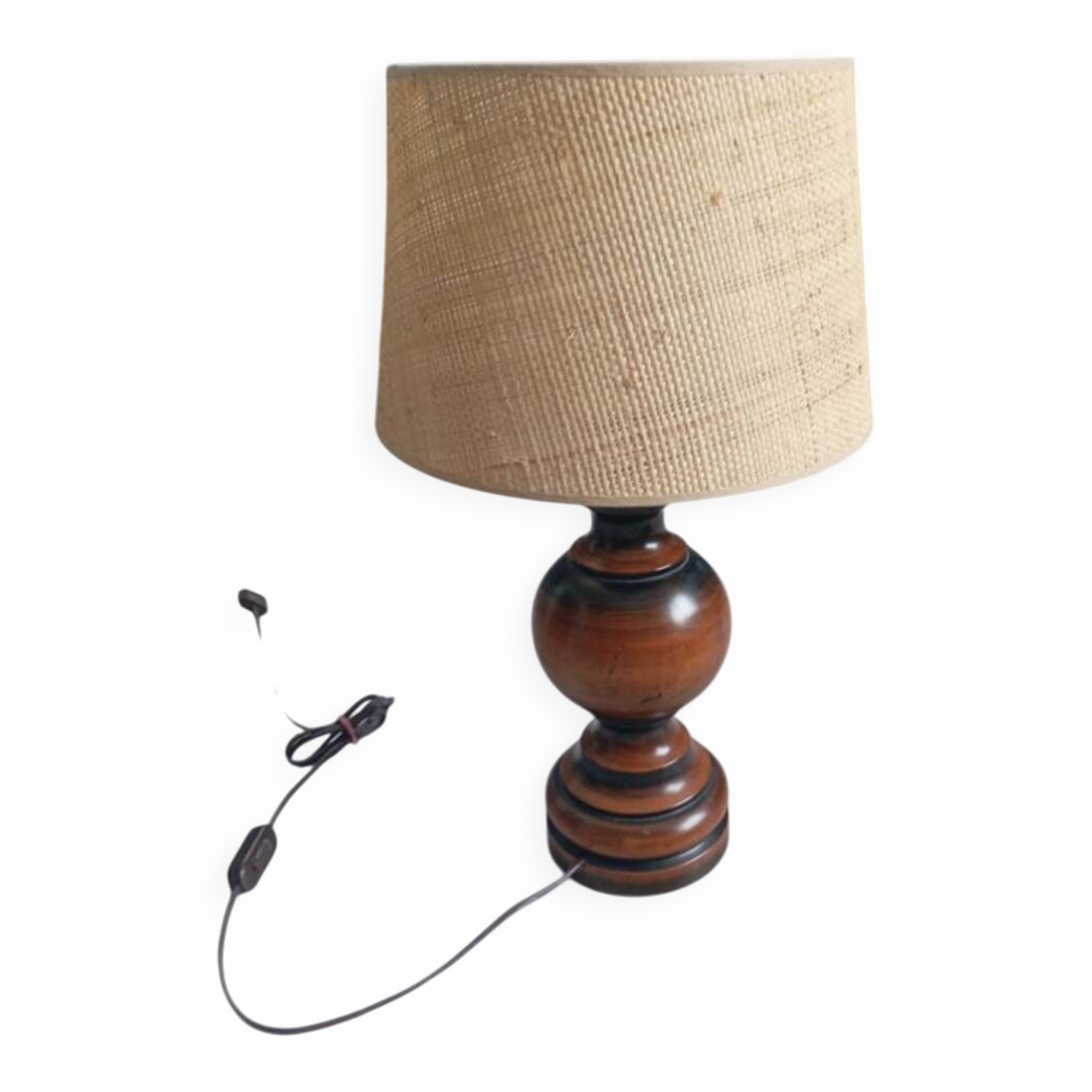 Vintage turned wooden lamp with raffia shade – 1970s