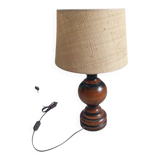 Vintage turned wooden lamp with raffia shade – 1970s