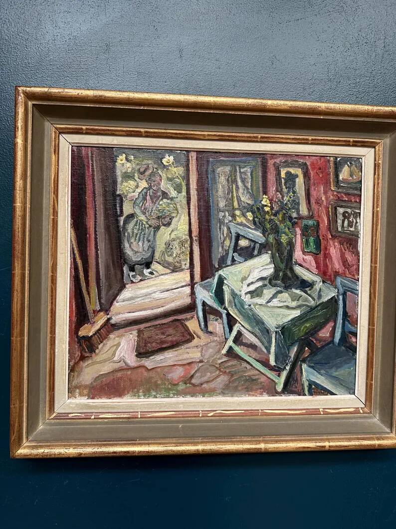 Oil on panel by Swedish artist – "Interior with figure" by Olle Nordberg (1905–1986) – 1944 – vintage and framed – 40×46 cm (15.7"×18.1")