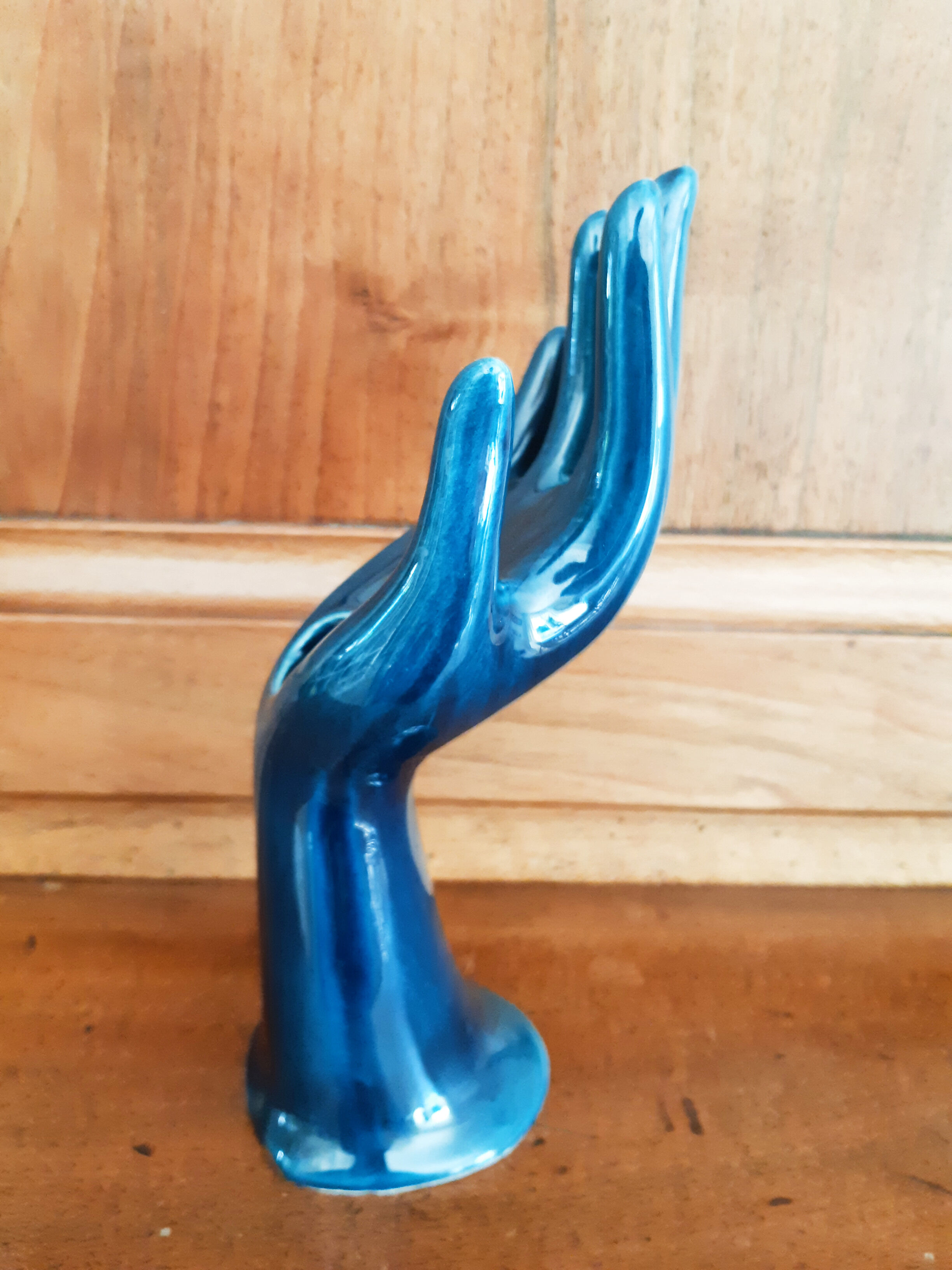 Hand blue jewelry holder, ring, soliflore , vintage French , 50s