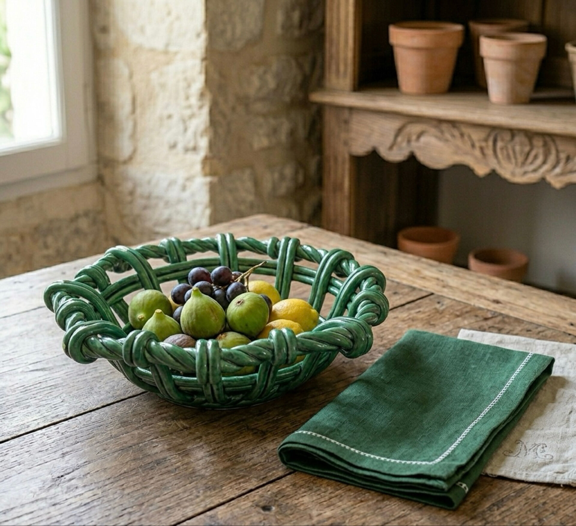 Woven openwork basket in Vallauris ceramic – emerald green –